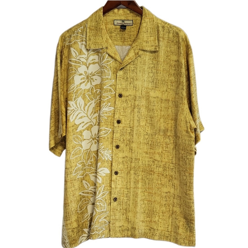 Tommy Bahama Tropical Shirt Vintage Men Size L 100% Silk Button Down Gold